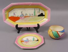A Clarice Cliff 'Fantasque' hand painted bowl in yellow, green, mauve and orange, 9cm diameter x 5.