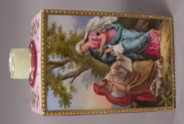 A Vienna porcelain tea caddy of rectangular flask shape, lacking cover,