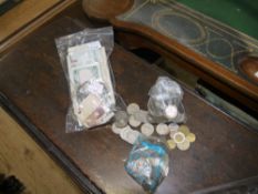 Miscellaneous lot of English and foreign currency coins and notes including eight UK crowns plus