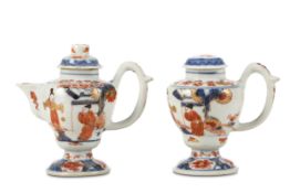 A CHINESE IMARI MUSTARD POT AND A EWER AND COVER. Qing Dynasty, 18th Century. Each with an ovoid,