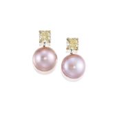 A Pair of Fancy Coloured Diamond and Cultured Pearl Pendent Earrings, by Graff