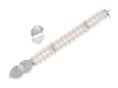 A Cultured Pearl and Diamond Bracelet and Ring Suite (2)