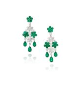 A Pair of Emerald and Diamond 'Cluster' Pendent Earrings, by Graff