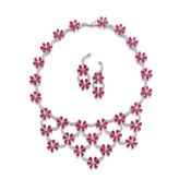A Ruby and Diamond 'Floral' Necklace and Earring Suite (2) (2)