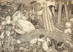 George Woolliscroft Rhead (British, 1855-1920) Mediaeval figures in a garden