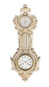 A late 19th century French cast metal combination wall aneroid barometer, thermometer and clock
