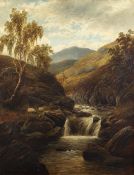 William Mellor (British, 1851-1931) Sheep grazing beside a waterfall