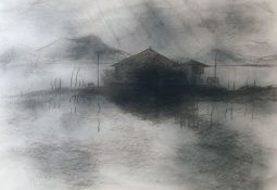 Colin Moss (British, 1914-2005), One charcoal drawing - Colin Moss - Casolongi Lagoon, Japan