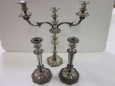 A pair of electroplated candlesticks, (3)