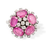 NO RESERVE - A RUBY AND DIAMOND DRESS RING set with a cluster of single cut diamonds in a cluster of