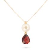 NO RESERVE - A GARNET, PEARL AND DIAMOND PENDANT NECKLACE the pendant comprising a pearl set with