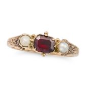 NO RESERVE - AN ANTIQUE GEORGIAN GARNET AND PEARL RING in yellow gold, set with a cushion cut garnet