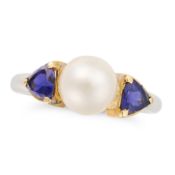 NO RESERVE - A PEARL AND IOLITE RING set with a pearl of 8.3mm between two trillion cut iolites,