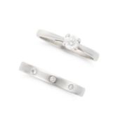 NO RESERVE - A SOLITAIRE DIAMOND RING AND DIAMOND WEDDING BAND SET the solitaire set with a round