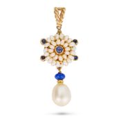 NO RESERVE - A PEARL, SAPPHIRE AND LAPIS LAZULI PENDANT suspending a pearl drop surmounted by a