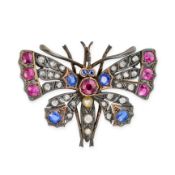 NO RESERVE - AN ANTIQUE RUBY, SAPPHIRE, PEARL AND DIAMOND BUTTERFLY BROOCH designed as a butterfly