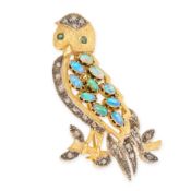 NO RESERVE - AN OPAL AND DIAMOND OWL BROOCH in silver gilt, designed as an owl perched on a