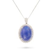 NO RESERVE - A TANZANITE AND DIAMOND CLUSTER PENDANT NECKLACE the pendant set with an oval