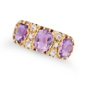 NO RESERVE - AN AMETHYST AND WHITE GEMSTONE RING in 9ct yellow gold, set with three oval cut