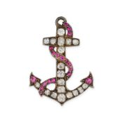 NO RESERVE - A FINE ANTIQUE VICTORIAN RUBY AND DIAMOND ANCHOR BROOCH designed as an anchor set