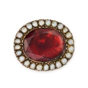 NO RESERVE - AN ANTIQUE GARNET AND PEARL BROOCH, 19TH CENTURY set with an oval cut foiled garnet