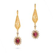 NO RESERVE - A PAIR OF RHODOLITE GARNET AND DIAMOND DROP EARRINGS in silver gilt, each suspending an