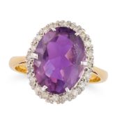 NO RESERVE - AN AMETHYST AND DIAMOND CLUSTER RING set with an oval cut amethyst in a cluster of