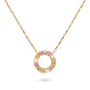NO RESERVE - A MULTICOLOUR SAPPHIRE AND DIAMOND CIRCLE PENDANT NECKLACE the pendant designed as an