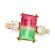 NO RESERVE - A WATERMELON TOURMALINE AND DIAMOND THREE STONE RING in 18ct yellow gold, set with an