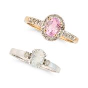 NO RESERVE - TWO RINGS, A PINK TOPAZ AND DIAMOND RING AND AN AQUAMARINE AND DIAMOND RING
