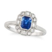NO RESERVE - A SAPPHIRE AND DIAMOND RING set with an octagonal step cut sapphire in a border of
