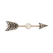 NO RESERVE - AN ANTIQUE PEARL AND DIAMOND ARROW BROOCH designed as an arrow set with rose cut