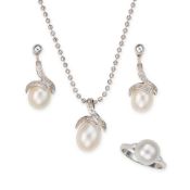 NO RESERVE - A PEARL AND DIAMOND NECKLACE, EARRINGS AND RING SUITE the pendant set with a pearl of
