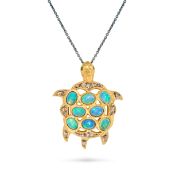 NO RESERVE - AN OPAL AND DIAMOND TURTLE PENDANT NECKLACE in silver gilt, the pendant designed as a