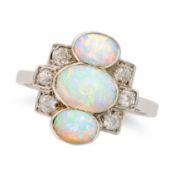 NO RESERVE - AN ANTIQUE OPAL AND DIAMOND RING, EARLY 20TH CENTURY in platinum, set with three