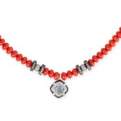 NO RESERVE - A CORAL AND BLUE TOPAZ NECKLACE comprising a row of polished coral beads, accented by