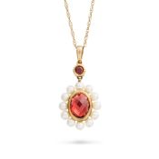NO RESERVE - A GARNET AND PEARL NECKLACE in 9ct yellow gold, the pendant set with a facetted