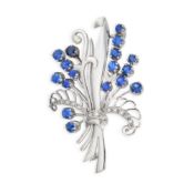 NO RESERVE - A VINTAGE SAPPHIRE, DIAMOND AND PEARL FLORAL SPRAY BROOCH in 9ct white gold and