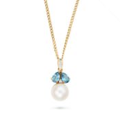 NO RESERVE - A BLUE TOPAZ, PEARL AND DIAMOND PENDANT NECKLACE the pendant set with a pearl of 7.8mm,