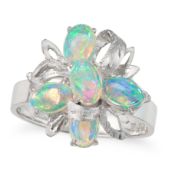 NO RESERVE - AN OPAL DRESS RING designed as a stylised flower set with cabochon opals, stamped 14K