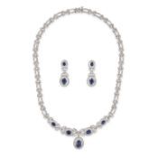 NO RESERVE - A SAPPHIRE AND DIAMOND NECKLACE AND EARRINGS SUITE the necklace set with a row of