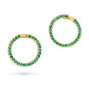 NO RESERVE - A PAIR OF EMERALD HOOP EARRINGS each designed as an open circle, set all around with