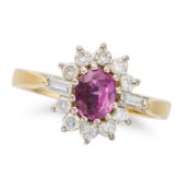 NO RESERVE - A RUBY AND DIAMOND CLUSTER RING in 18ct yellow gold, set with an oval cut ruby of