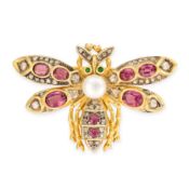 NO RESERVE - A PEARL, RHODOLITE GARNET, DIAMOND INSECT BROOCH in silver gilt, designed as a winged