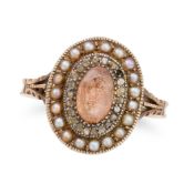 NO RESERVE - AN ANTIQUE TOPAZ, PEARL AND DIAMOND RING in yellow gold, set with an oval cut topaz