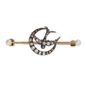 NO RESERVE - AN ANTIQUE VICTORIAN DIAMOND AND PEARL CRESCENT MOON AND SWALLOW BAR BROOCH designed as