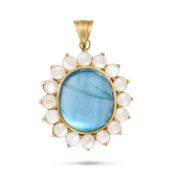 NO RESERVE - A LARGE AQUAMARINE AND MOONSTONE PENDANT set with a cabochon aquamarine of