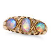 NO RESERVE - AN ANTIQUE OPAL AND DIAMOND RING, 1918 in 18ct yellow gold, set with three cabochon