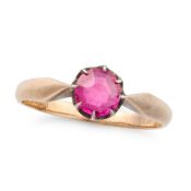 NO RESERVE - A SYNTHETIC RUBY SOLITAIRE RING in 14ct yellow gold, set with a round cut synthetic