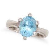 NO RESERVE - AN AQUAMARINE AND DIAMOND RING in 18ct white gold, set with an oval cut aquamarine of